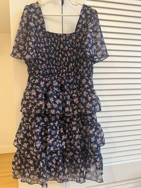 Zunie Girls Flutter Sleeve Navy Floral Tiered Ruffle Dress with Smocked Bodice